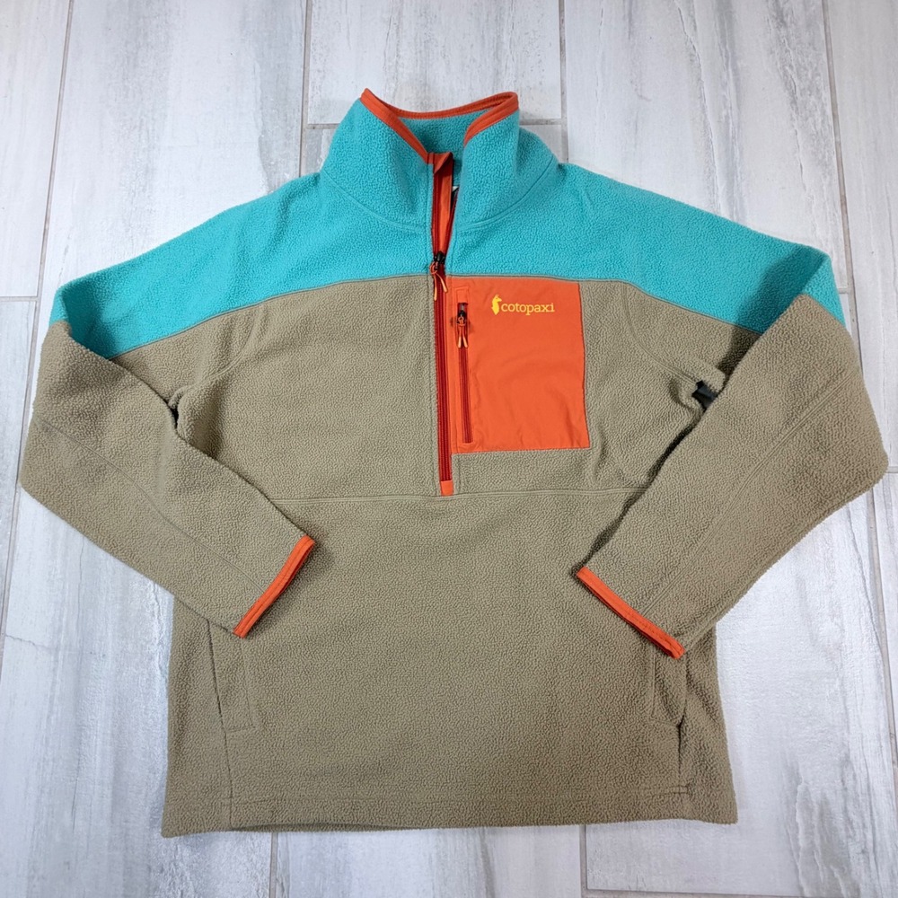 Cotopaxi Teca Fleece Pullover Mens Medium Colorblock Turquoise Tan 1/4 Zip M